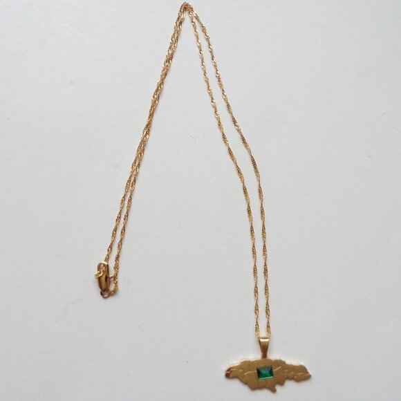 Jamaica Map Pendant Necklace Gold Tone with Green Stone - Picture 4 of 7